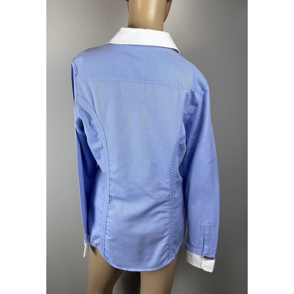 EXPRESS DESIGN STUDIO DRESS SHIRT WOMEN'S Sz M BUTTON-UP Blue With White Collar - Picture 6 of 16